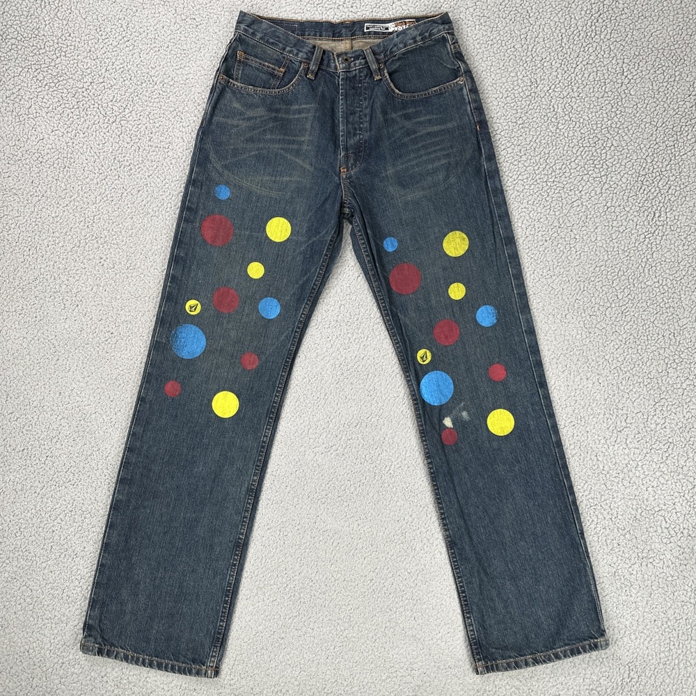 VTG Y2K Volcom Black Bart Button‎ Fly Jeans Men 30x32 Blue Straight Leg Painted